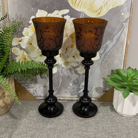 Metal Hurricane, Glass Candleholder with Candles, Set of 2 - Picture 3 of 13